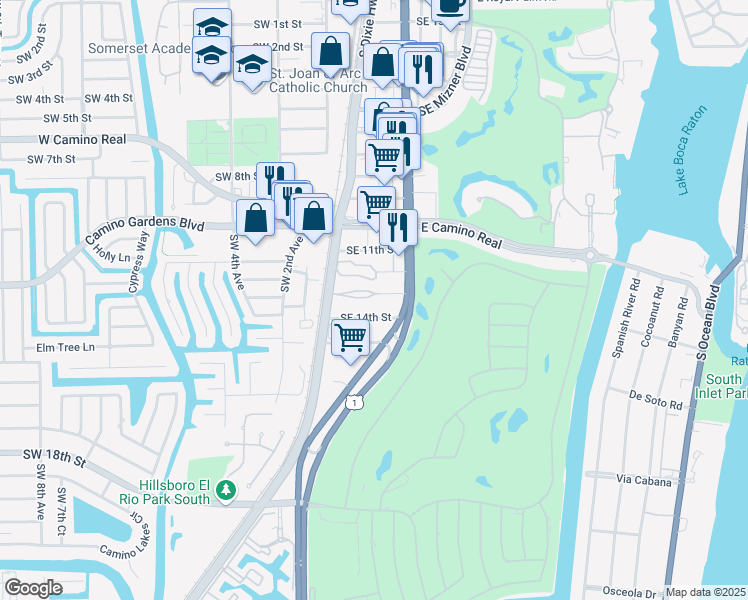 map of restaurants, bars, coffee shops, grocery stores, and more near 40 Southeast 13th Street in Boca Raton