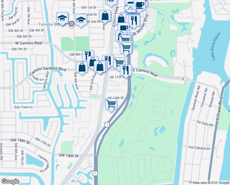 map of restaurants, bars, coffee shops, grocery stores, and more near 40 Southeast 13th Street in Boca Raton