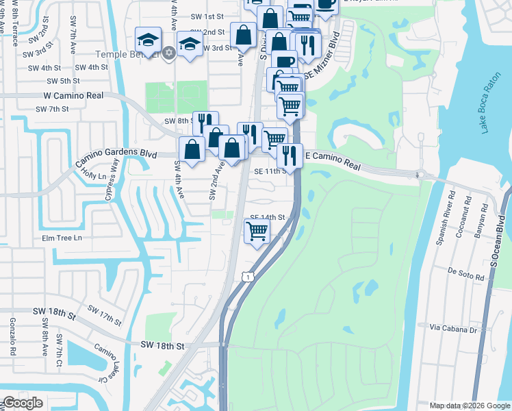 map of restaurants, bars, coffee shops, grocery stores, and more near 15 Southeast 13th Street in Boca Raton