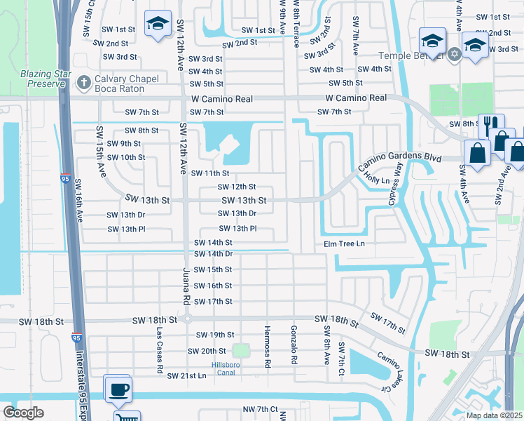 map of restaurants, bars, coffee shops, grocery stores, and more near 990 Southwest 13th Street in Boca Raton