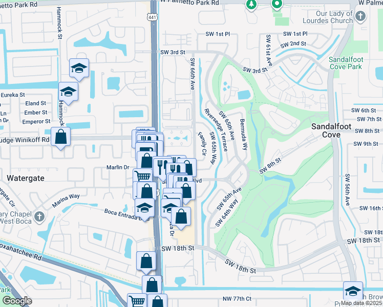 map of restaurants, bars, coffee shops, grocery stores, and more near 22715 Southwest 66th Avenue in Boca Raton