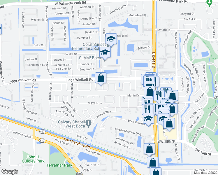 map of restaurants, bars, coffee shops, grocery stores, and more near 10414 Sleepy Brook Way in Boca Raton