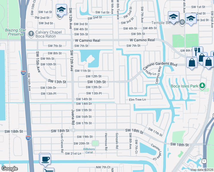 map of restaurants, bars, coffee shops, grocery stores, and more near 965 Southwest 13th Drive in Boca Raton