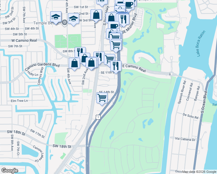 map of restaurants, bars, coffee shops, grocery stores, and more near 40 Southeast 13th Street in Boca Raton
