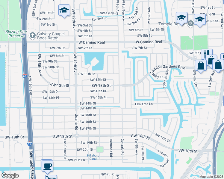map of restaurants, bars, coffee shops, grocery stores, and more near 965 Southwest 13th Drive in Boca Raton