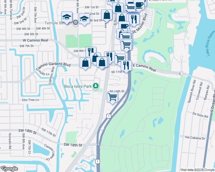 map of restaurants, bars, coffee shops, grocery stores, and more near 15 Southeast 13th Street in Boca Raton