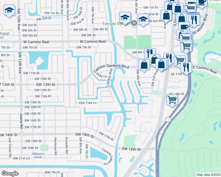 map of restaurants, bars, coffee shops, grocery stores, and more near 1290 Cypress Way in Boca Raton