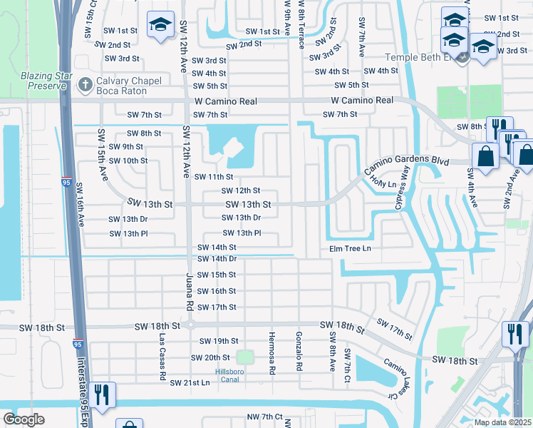 map of restaurants, bars, coffee shops, grocery stores, and more near 990 Southwest 13th Street in Boca Raton