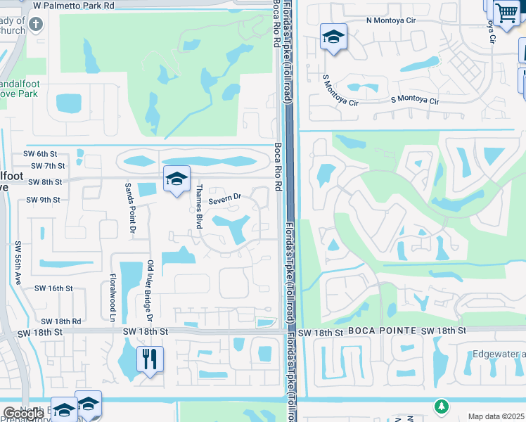 map of restaurants, bars, coffee shops, grocery stores, and more near 8201 Severn Drive in Boca Raton