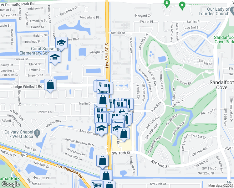 map of restaurants, bars, coffee shops, grocery stores, and more near 9943 Three Lakes Circle in Boca Raton