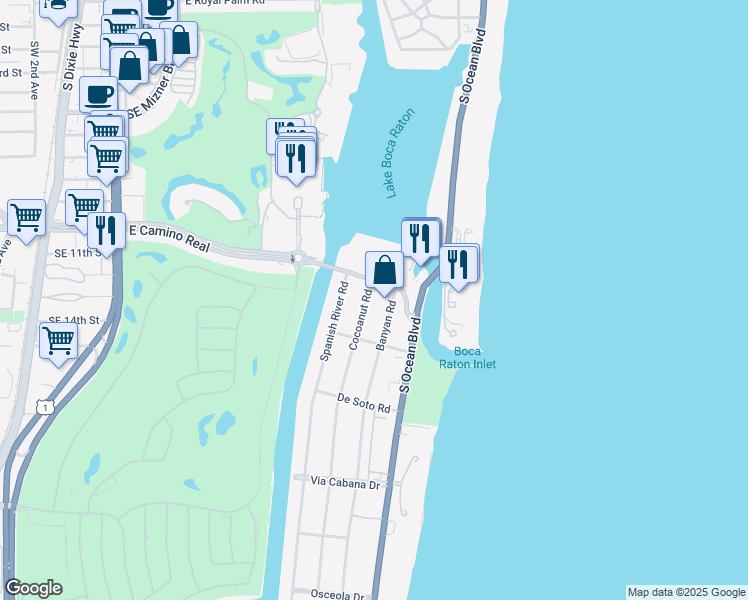 map of restaurants, bars, coffee shops, grocery stores, and more near 880 East Camino Real in Boca Raton