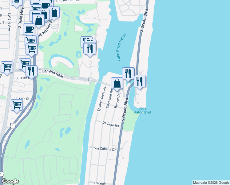 map of restaurants, bars, coffee shops, grocery stores, and more near 800 East Camino Real in Boca Raton