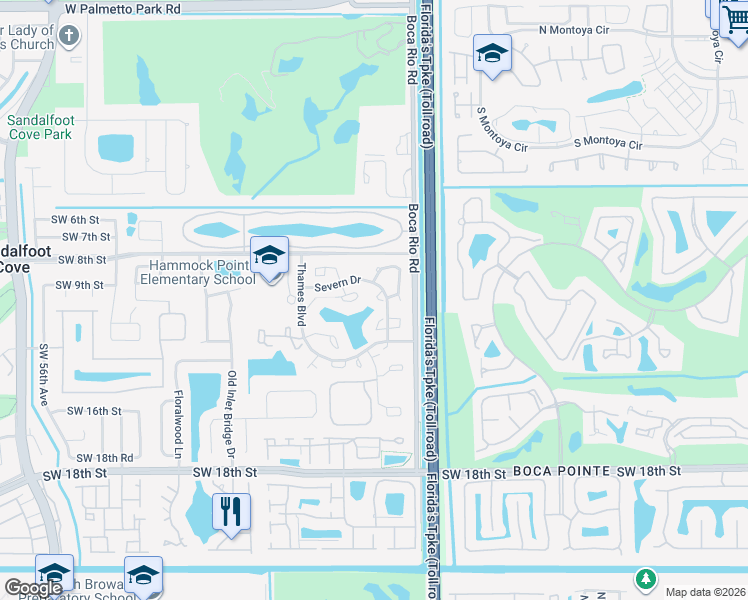 map of restaurants, bars, coffee shops, grocery stores, and more near 8200 Severn Drive in Boca Raton