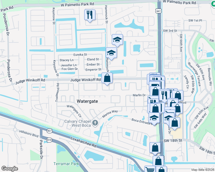 map of restaurants, bars, coffee shops, grocery stores, and more near 22749 Sleepy Brook Lane in Boca Raton