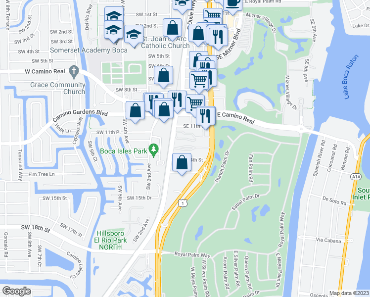 map of restaurants, bars, coffee shops, grocery stores, and more near 40 Southeast 13th Street in Boca Raton