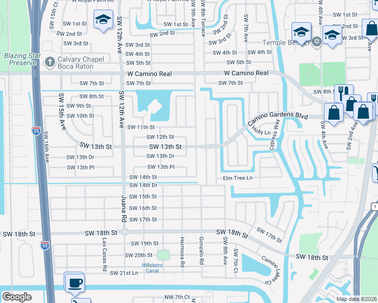 map of restaurants, bars, coffee shops, grocery stores, and more near 900 Southwest 13th Street in Boca Raton