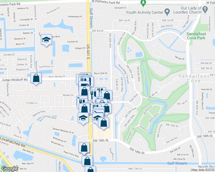 map of restaurants, bars, coffee shops, grocery stores, and more near 22715 Southwest 66th Avenue in Boca Raton
