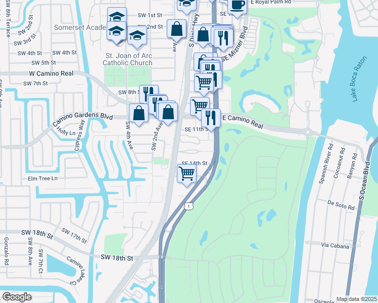 map of restaurants, bars, coffee shops, grocery stores, and more near 40 Southeast 13th Street in Boca Raton