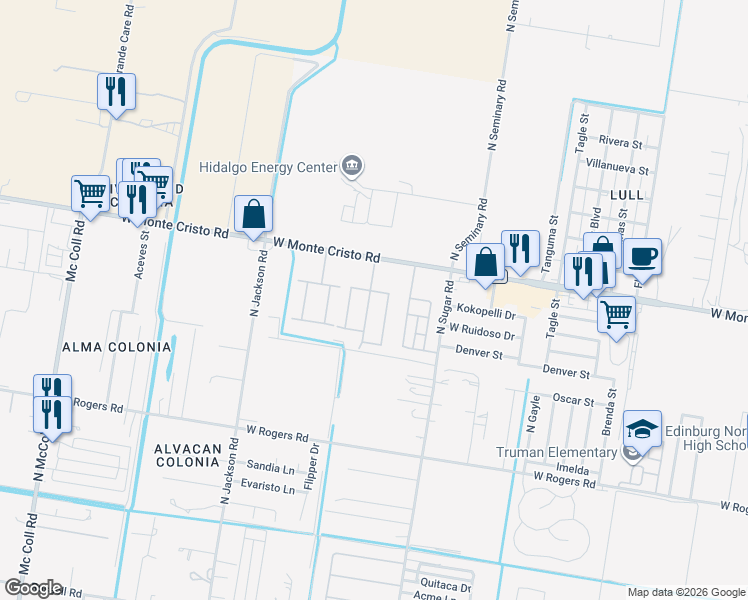map of restaurants, bars, coffee shops, grocery stores, and more near 3504 Dunes Drive in Edinburg