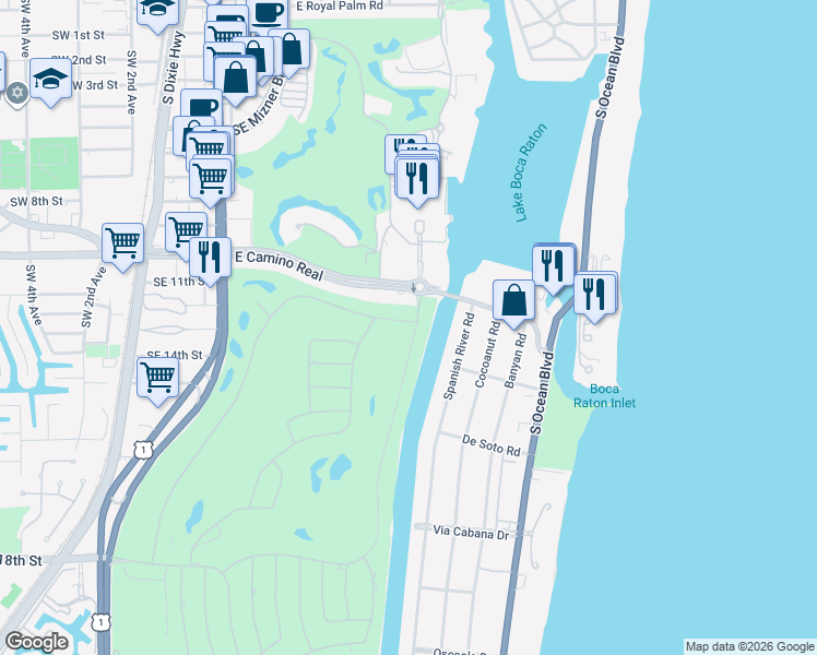 map of restaurants, bars, coffee shops, grocery stores, and more near 1159 Royal Palm Way in Boca Raton