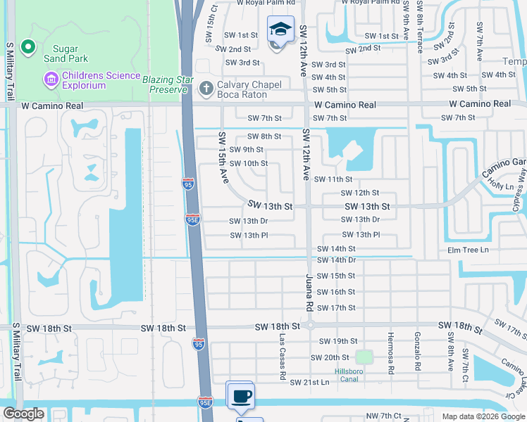 map of restaurants, bars, coffee shops, grocery stores, and more near 1300 Southwest 13th Street in Boca Raton