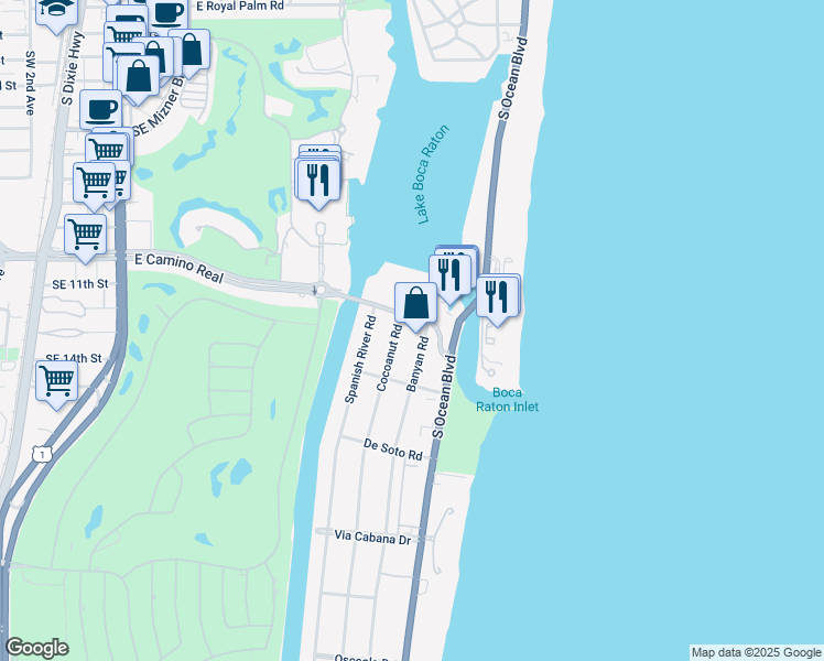 map of restaurants, bars, coffee shops, grocery stores, and more near 880 East Camino Real in Boca Raton