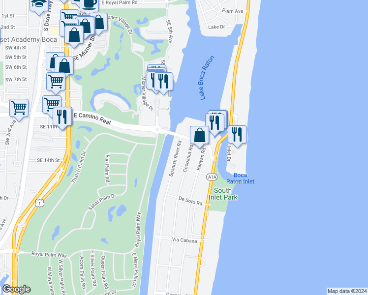 map of restaurants, bars, coffee shops, grocery stores, and more near 1000 Spanish River Road in Boca Raton