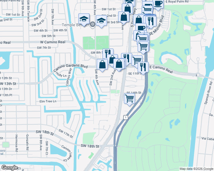 map of restaurants, bars, coffee shops, grocery stores, and more near 300 Southwest 12th Street in Boca Raton