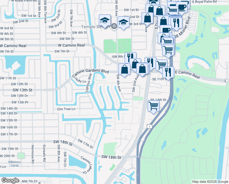 map of restaurants, bars, coffee shops, grocery stores, and more near 1228 Southwest 4th Court in Boca Raton