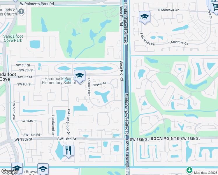 map of restaurants, bars, coffee shops, grocery stores, and more near 8200 Severn Drive in Boca Raton