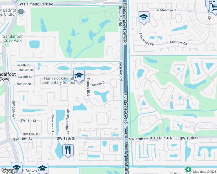 map of restaurants, bars, coffee shops, grocery stores, and more near 8200 Severn Drive in Boca Raton