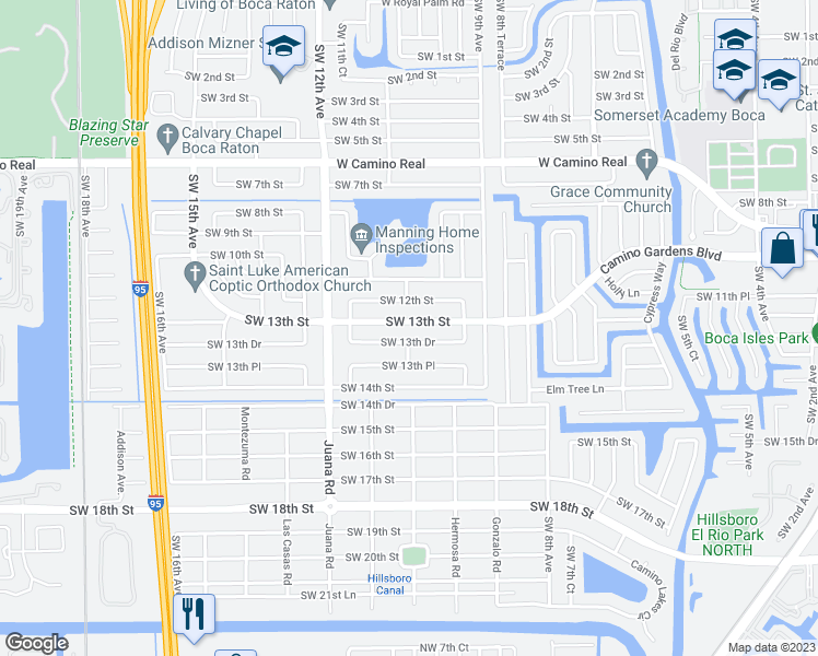 map of restaurants, bars, coffee shops, grocery stores, and more near 1090 Southwest 13th Street in Boca Raton