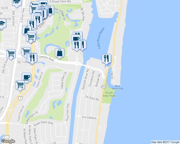 map of restaurants, bars, coffee shops, grocery stores, and more near 1000 Spanish River Road in Boca Raton