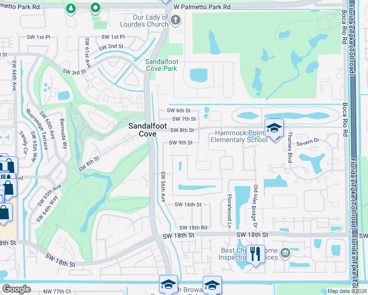 map of restaurants, bars, coffee shops, grocery stores, and more near 22743 Southwest 55th Avenue in Boca Raton