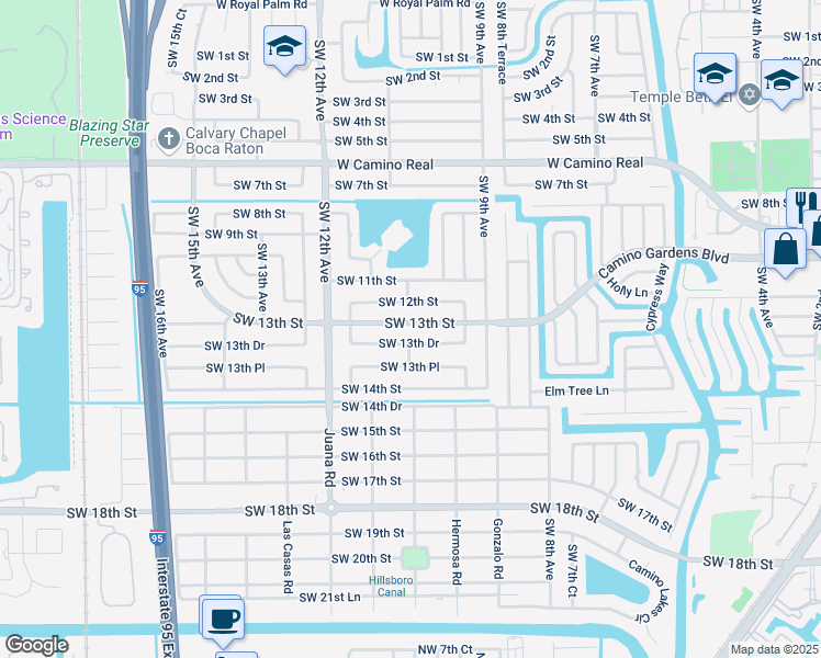 map of restaurants, bars, coffee shops, grocery stores, and more near 1090 Southwest 13th Street in Boca Raton