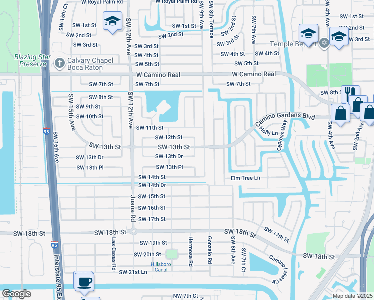 map of restaurants, bars, coffee shops, grocery stores, and more near 990 Southwest 13th Street in Boca Raton