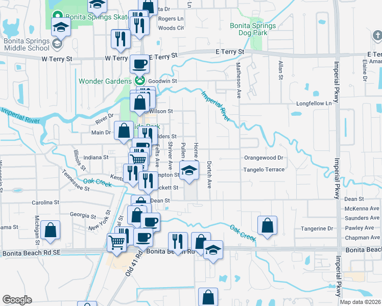 map of restaurants, bars, coffee shops, grocery stores, and more near 27515 Pullen Avenue in Bonita Springs