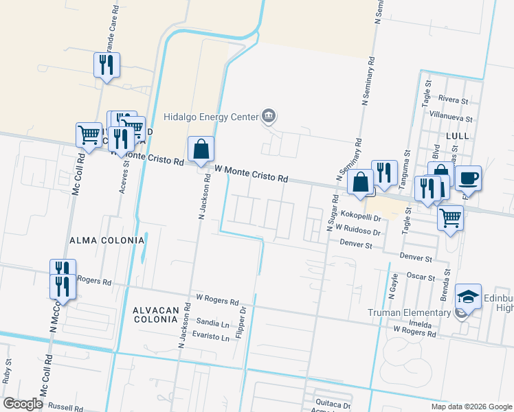 map of restaurants, bars, coffee shops, grocery stores, and more near 3505 Dessert Inn Drive in Edinburg