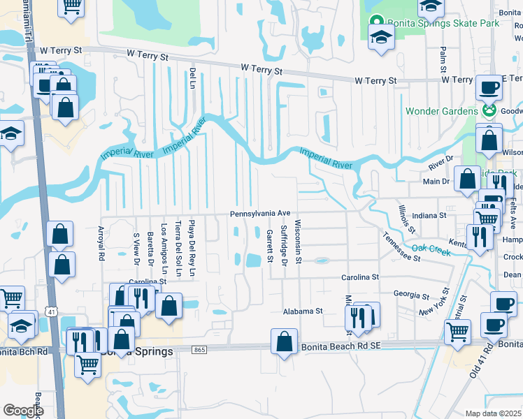 map of restaurants, bars, coffee shops, grocery stores, and more near 27312 Johnson Street in Bonita Springs