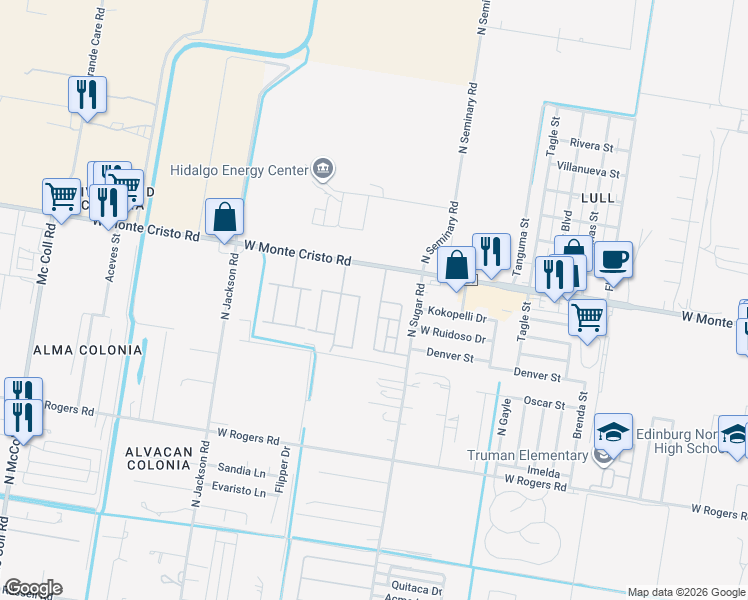 map of restaurants, bars, coffee shops, grocery stores, and more near 3509 Showboat Drive in Edinburg