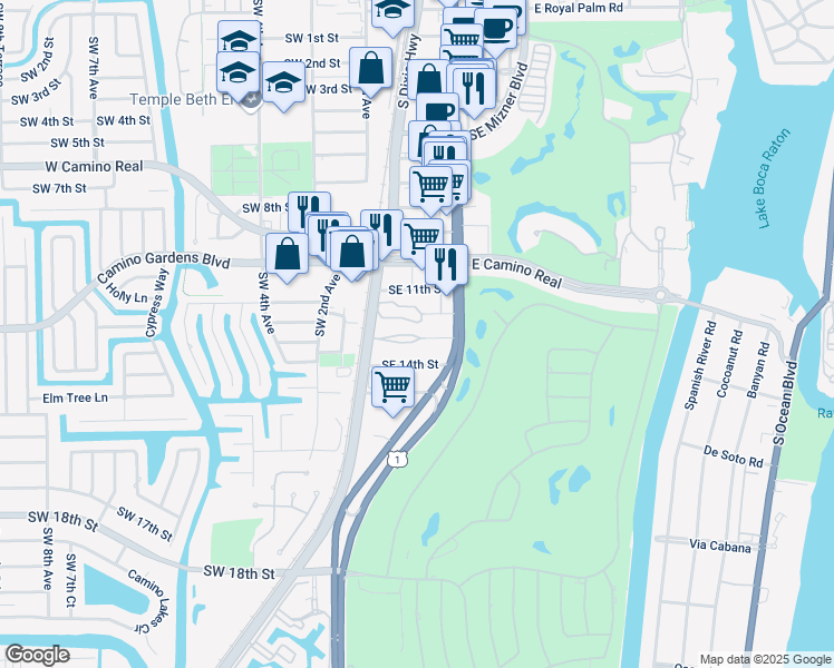 map of restaurants, bars, coffee shops, grocery stores, and more near 40 Southeast 13th Street in Boca Raton