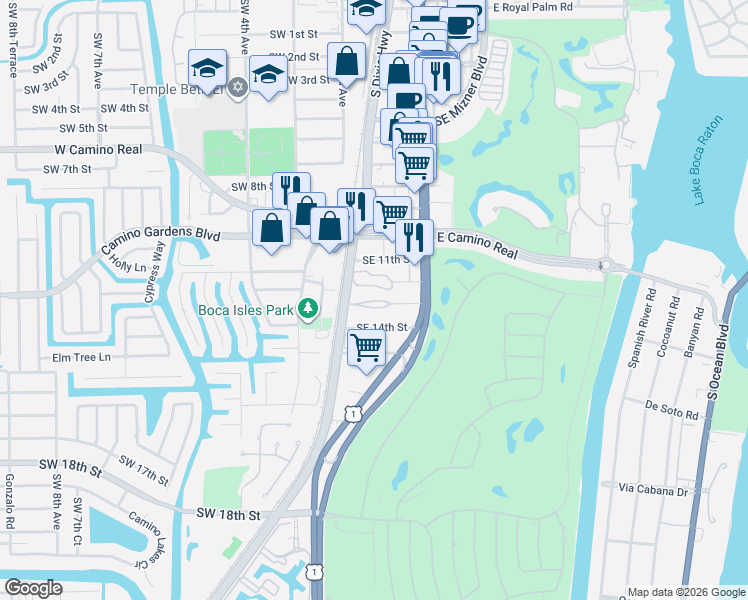 map of restaurants, bars, coffee shops, grocery stores, and more near 40 Southeast 13th Street in Boca Raton