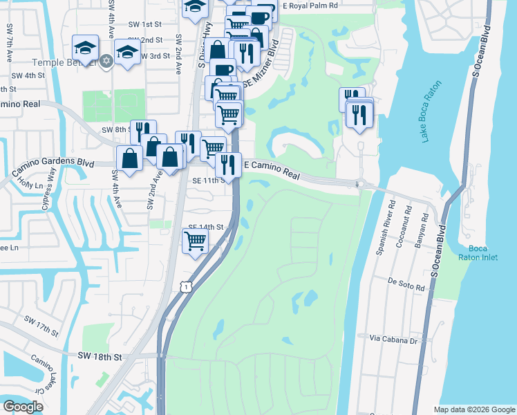 map of restaurants, bars, coffee shops, grocery stores, and more near 1301 Thatch Palm Drive in Boca Raton