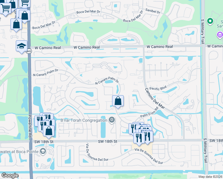 map of restaurants, bars, coffee shops, grocery stores, and more near 22781 Marbella Circle in Boca Raton