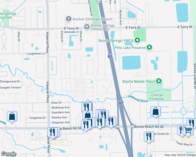 map of restaurants, bars, coffee shops, grocery stores, and more near 27511 Pinecrest Lane in Bonita Springs