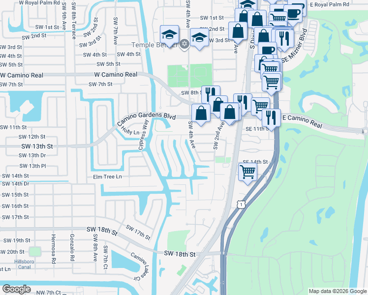 map of restaurants, bars, coffee shops, grocery stores, and more near 1228 Southwest 4th Court in Boca Raton