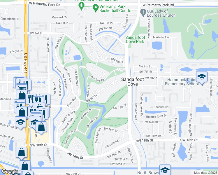 map of restaurants, bars, coffee shops, grocery stores, and more near 9233 Southwest 8th Street in Boca Raton