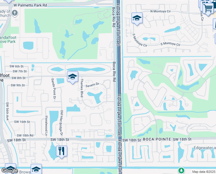 map of restaurants, bars, coffee shops, grocery stores, and more near 8201 Severn Drive in Boca Raton