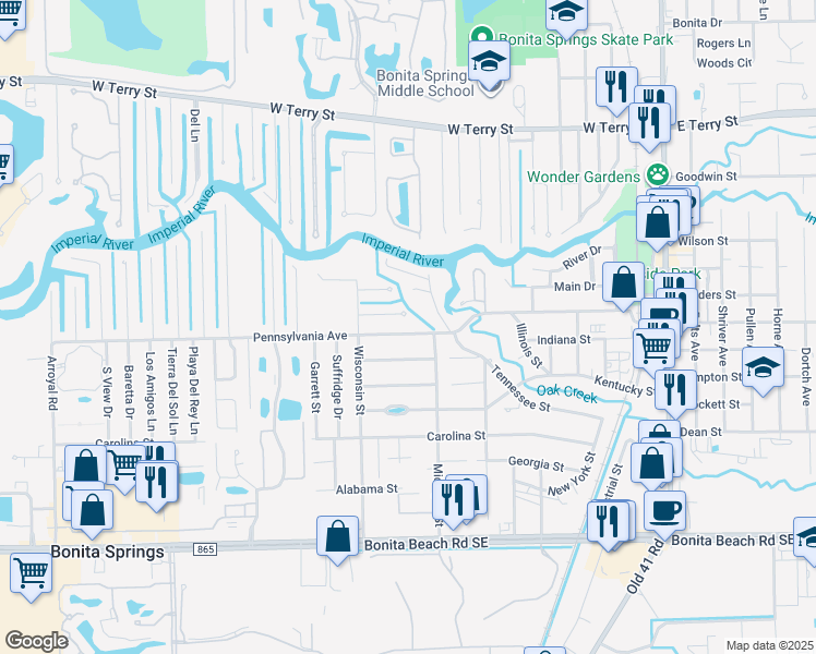 map of restaurants, bars, coffee shops, grocery stores, and more near 9843 Pennsylvania Avenue in Bonita Springs