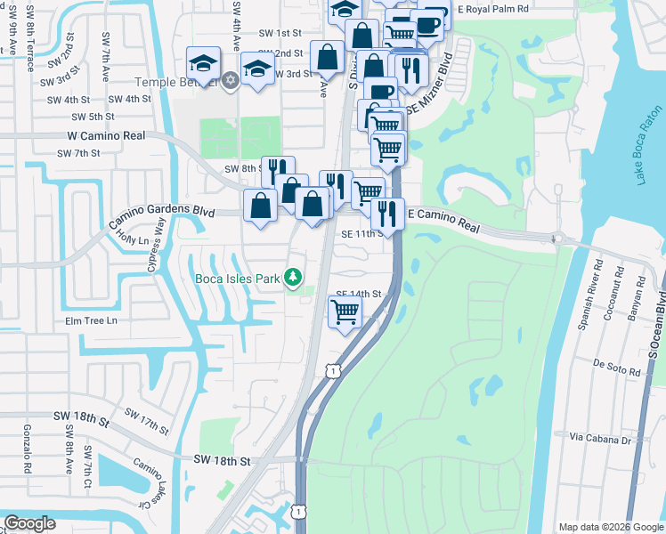 map of restaurants, bars, coffee shops, grocery stores, and more near 15 Southeast 13th Street in Boca Raton